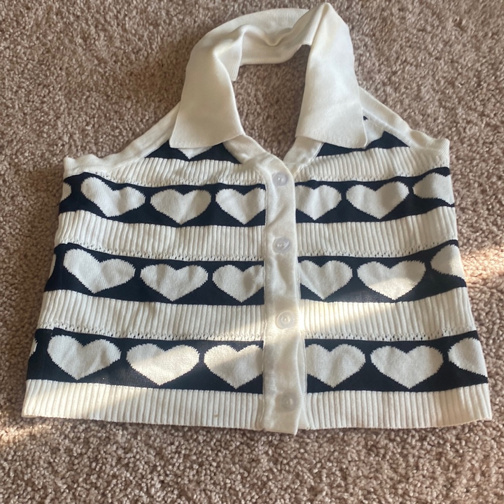 Black and white knit halter top with hearts